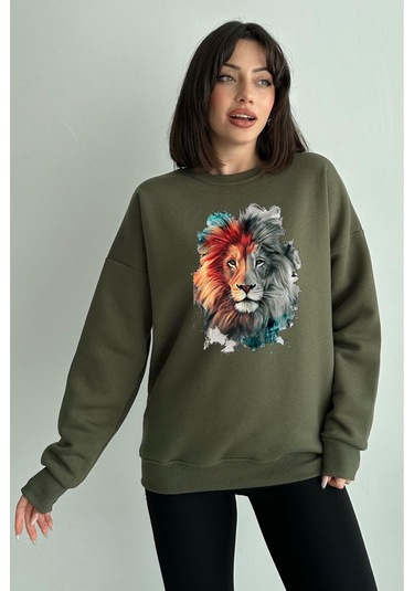 Kadın Haki Aslan Baskılı Oversize Bisiklet Yaka Sweatshirt Haki