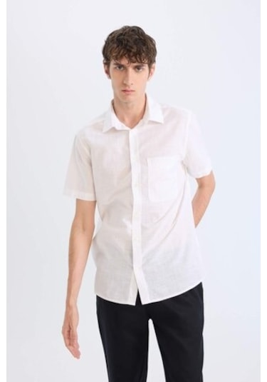 DeFacto %100 Pamuk Regular Fit Yazlık Polo Yaka Keten Görünümlü Kısa Kollu Beyaz Gömlek D7551AX25SPWT34