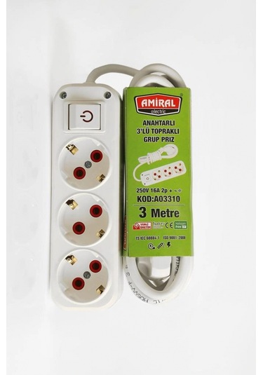 3 Lü Topraklı Anahtarlı 3 Metre Kablolu Grup Priz 599599 1.5 M