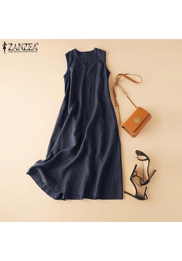 Zanzea Pamuk Elbise Kadın Yaz V Yaka Kolsuz Tank Elbise Lacivert