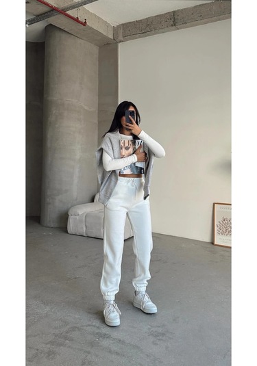 3 İplik Şardonlu Paça Lastikli Eşofman Beyaz İs001 Beyaz