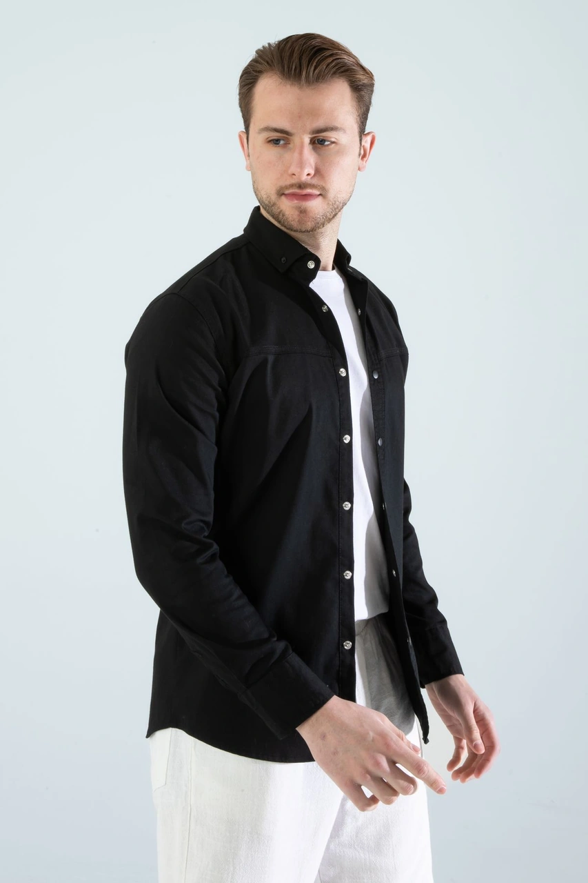 Slim Fit Erkek Cepsiz Kot Gömlek Siyah