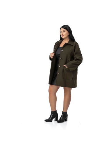 Büyük Beden Gömlek Yaka Reglan Kollu Torba Cepli Astarsız Kaşe Kısa Haki Kaban Haki