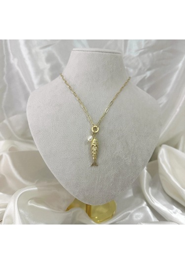 İncili Hareketli Balık Kolye Gold Gold