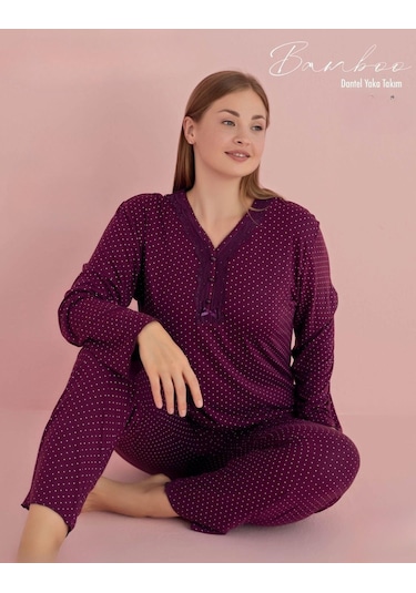 Pijamerry Kadın Büyük Beden Dantel Yaka Bambu Uzun Kol Pijama Takımı 5067 - 1 Adet 001