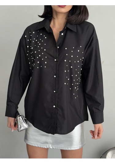 Kadın Taşlı Premium Kalite Uzun Kollu Oversize Gömlek Siyah
