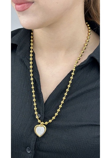 Xxx Top Zincirli, Sedefli Kalpli, Paslanmaz Çelik Kolye 232, Altın Renk Altın