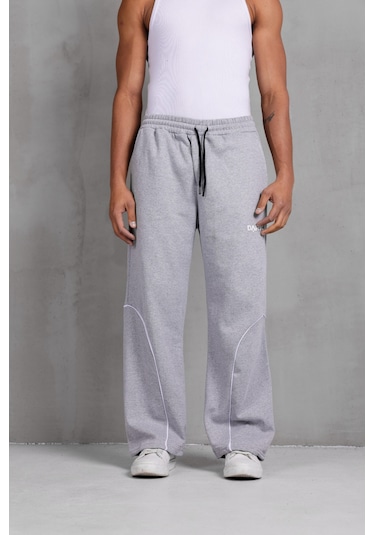 Dark Moda Erkek Oval Şeritli Baskılı Yazlık Baggy Eşofman Gri