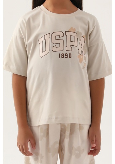 U.s. Polo Assn Lisanslı Floral Pattern Kız Çocuk Pijama Takımı Bej