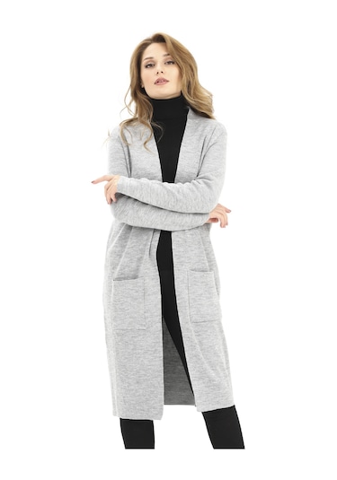 Modaplaza Kadın Cepli Düz Uzun Hırka 4341- Gri K19KEROL4341HRKGRİ Gri