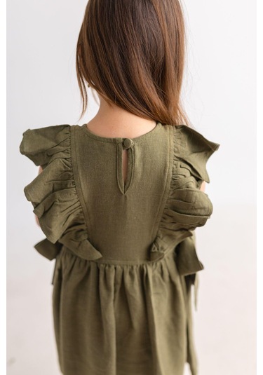Oliventhekid Yanları Bağcıklı Kolsuz Fırfırlı Keten Sırtı Düğmeli Kız Çocuk Elbise Haki Haki