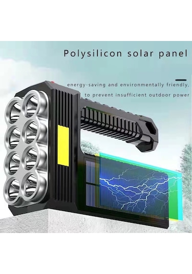 Rongcai Süper Parlak Projektör Su Geçirmez El Feneri 6-8 Led Solar Usb Şarj Edilebilir El Feneri Dış Mekan Cob Siyah