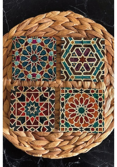 Taş Bardak Altlığı Geometrik Desenler- Selçuklu Desenleri 4'lü Set 10x10x1 Cm Stone Coasters Çok Renkli