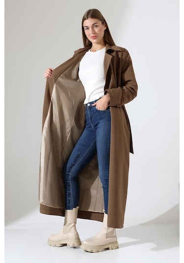 Amazon Keten Kumaş Uzun Boy Düğmeli Astarlı Yumuşak Dokulu Trenç Kot Sütlü Kahve Sütlü Kahverengi