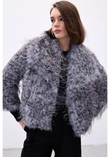 Sateen Leopar Desenli Kürk - Gri-136711 Gri
