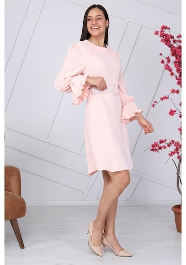 Kadın Kemer Detaylı Volan Kol Midi Elbise 4078/100 001