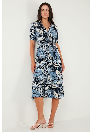 Lela Desenli Relaxed Fit Balon Kol Yırtmaçlı Kemerli Midi Boy Bayan Elbise 67810558 Saks