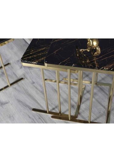 Zigon Sehpa & Yan Sehpa 3'lü Kare Sehpa Hıgh Gloos Mdf Siyah Gold İşleme