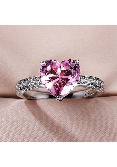 Pembe Klasik Tektaş Kadın Kalp Yüzük Aaa Pembe Kübik Zirkonya Teklif Yüzükler Kız Arkadaşı Için Yıldönümü Hediyesi Düğün Takı 7 Pembe
