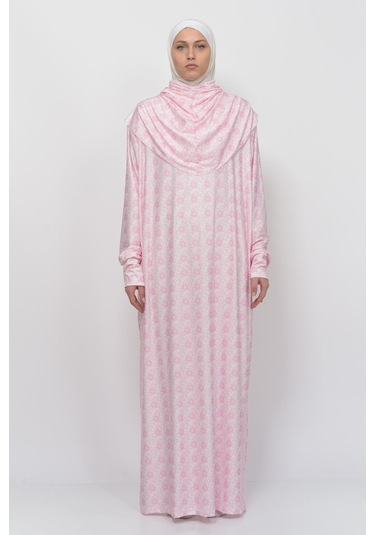 Pratik Tek Parça Güneş Desenli Kollu Tak Çıkar Başörtülü Likralı Tesettür Namaz Elbisesi 990-0302 Pembe Antrasit