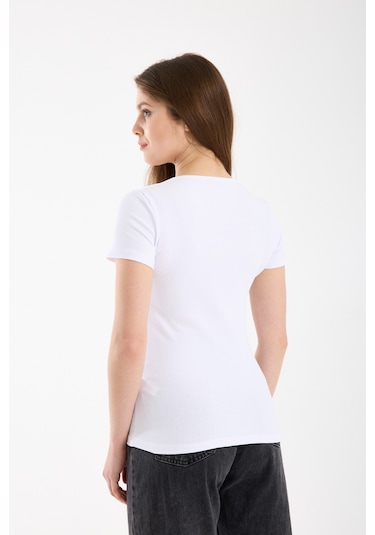 Hdm Kadın Esnek Fitilli Yakası Çıtçıtlı Beyaz Kısa Kol Basic Örme Bluz - H5993-55 Beyaz