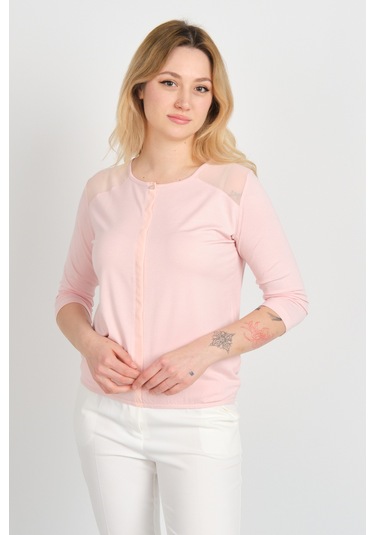 Sistas Kadın Omuz Ve Kolları Tül Detaylı Beli Lastikli Truvakar Kol Bluz 23321 Pudra Pudra