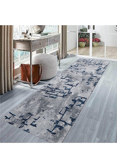Mavi Gri Kaymaz Tabanlı Kesme Yolluk Koridor Mutfak Salon Halısı