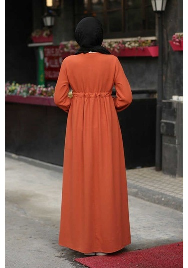 Neways 6497-Krep Süs Bağcıklı  Büzgülü  Elbise Kiremit