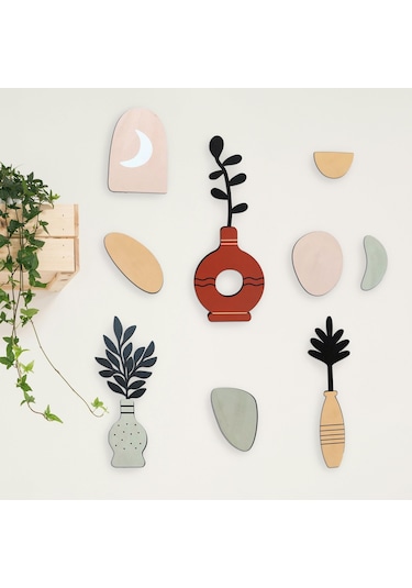 Cajuart 9 Parça Dekoratif Ahşap Sanasal Vazo Çiçek Pastel Renk Duvar Tablo Seti Ahşap Dekor