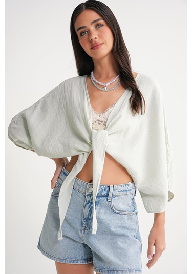 4723 Kadın Önü Bağlamalı Bolero Bluz Adaçayı Adaçayı