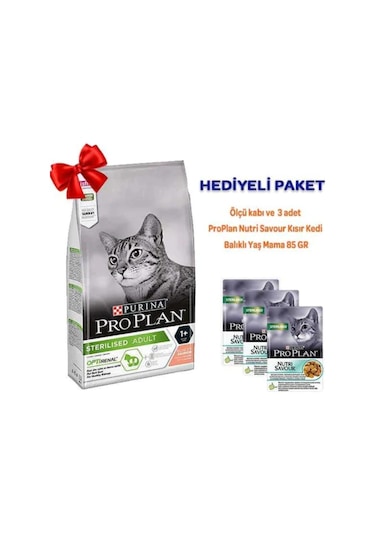 Purina Pro Plan Sterilised Somonlu Kedi Maması 1500 G + Pro Plan Nutri Savour Balıklı Yaş Mama 3 x 85 G + Ölçü Kabı