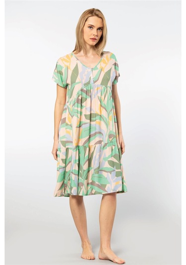 Türen 3602 Kadın Kısa Kollu Dokuma Kloş Elbise-yeşil Yeşil