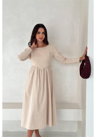 Neşeli Butik Kadın Sırt Dekolteli Uzun Kollu Midi Elbise Nbk4311 Bej
