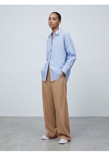 LTB Çizgili Oversize Mavi Gömlek Mid Indigo