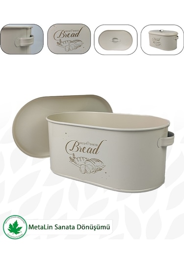 Lin Metal Metal Kapaklı Ekmeklik (Bread Baskılı) - Krem