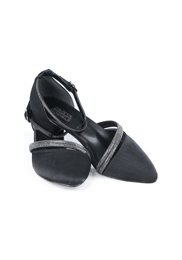 Ayakkabımood 3 Cm Siyah Saten Taşlı Topuklu Kadın Ayakkabı Siyah