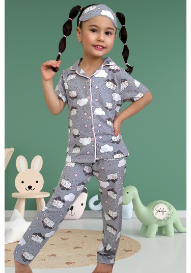 Kız Çocuk Gömlek Yaka Kısa Kollu Düğmeli Kuzu Bulut Desenli Pijama Takımı 3 Parça Gri