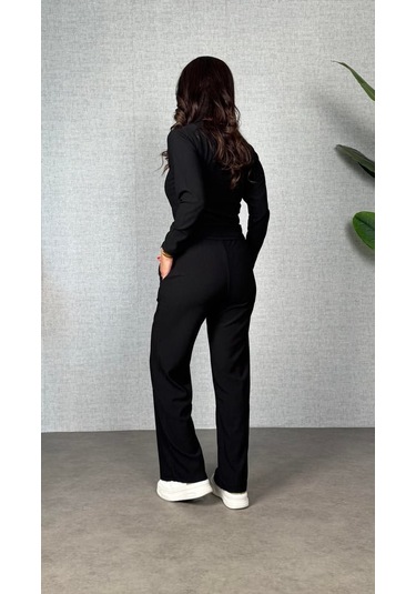 Kadın Uzun Kol Bisiklet Yaka Bürümcük Bluz Ve Pantolon Ikili Takım Siyah