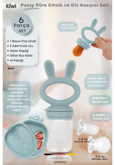 Kiwi Passy Püre Emzik Ve Diş Kaşıyıcı Bebek Meyve Süzgeci+Buz Kalıbı - Dusty Blue