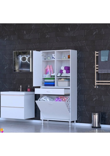 Modilayn Afra 75x173x32,5cm 1 Çekmece, 2 Göz Sepet, 1 Kapak, 6 Raf Dar Alan Banyo Dolabı Beyaz