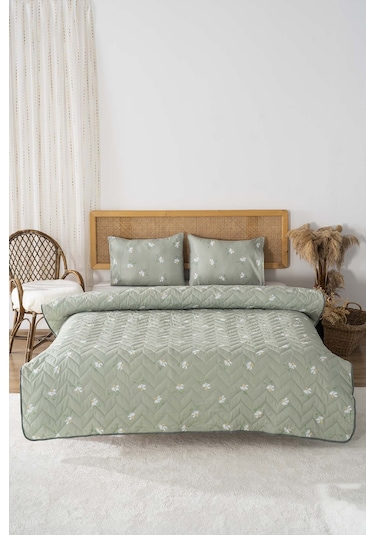 Yeşil Papatya Çift Kişilik Pamuklu Kapitone Pike & Yatak Örtüsü Yeşil