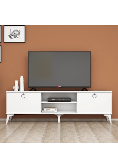 160Cm Beyaz Tv Sehpası Siyah Halka Kulplu