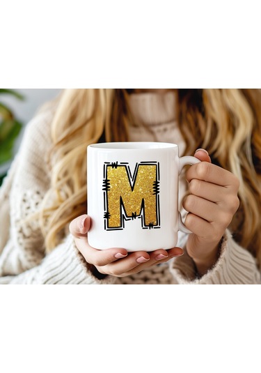 M Harfi Gold Simli Kupa Işıltılı Alfabe Harf Tasarımlı Kahve Kupası - Kişiye Özel Hediye Beyaz
