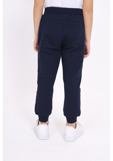 Kız Çocuk Baskılı Beli Paçası Ribanalı Cepli Basic Jogger Eşofman Altı 2 İplik Lacivert