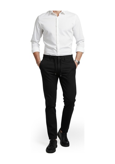 Deepsea Siyah Esnek Kumaş Slim Fit Beli Lastikli Günlük Spor Pantolon 2601070 Siyah