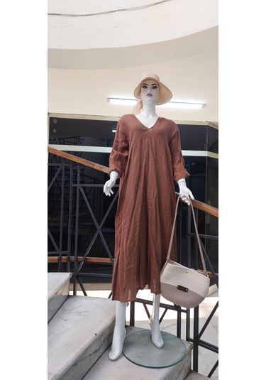 İtalyan V Yaka Uzun Kol Keten Elbise-8907 Kahve Rengi Kahverengi
