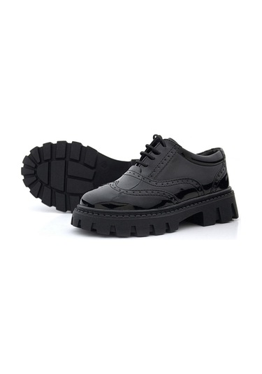 Rakerplus Siyah Rugan Bağcıklı Oxford Kız Çocuk Günlük Ayakkabı Siyah