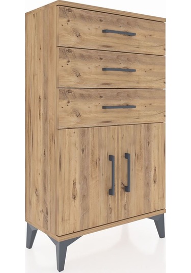 Arges Komodin Tek Raflı 3 Çekmeceli 2 Kapaklı 60x30x106 Çam-çam Çam