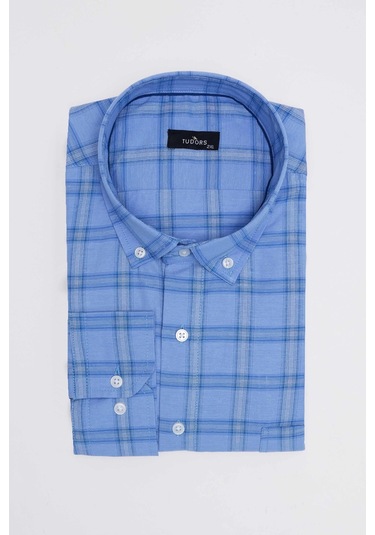 Tudors Büyük Beden Düğmeli Yaka Kareli Pamuklu Erkek Gömlek-31473-çok Renkli