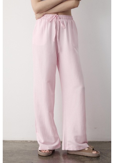 Pembe Beli Lastikli Bol Paça Pantolon Pembe